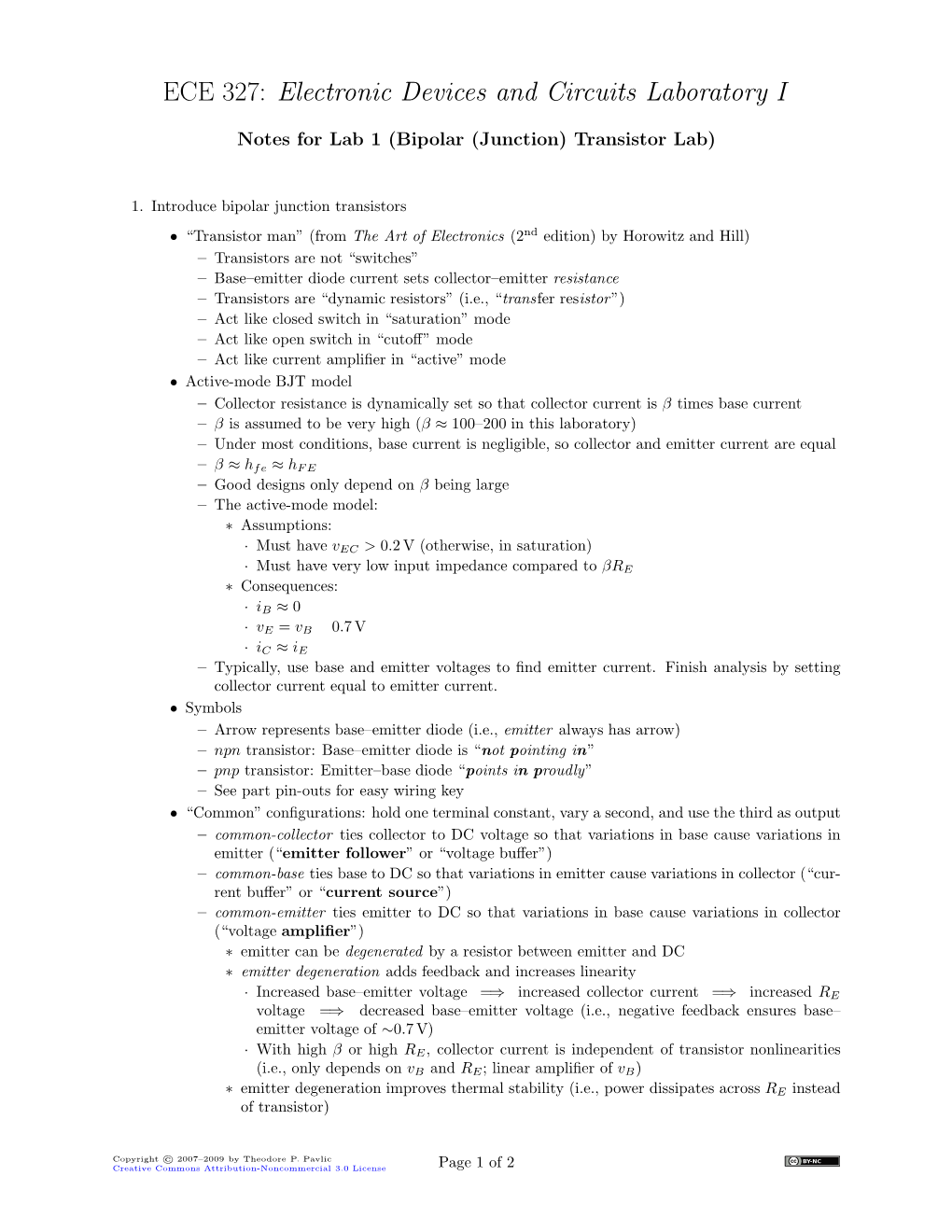 Notes for Lab 1 (Bipolar (Junction) Transistor Lab)