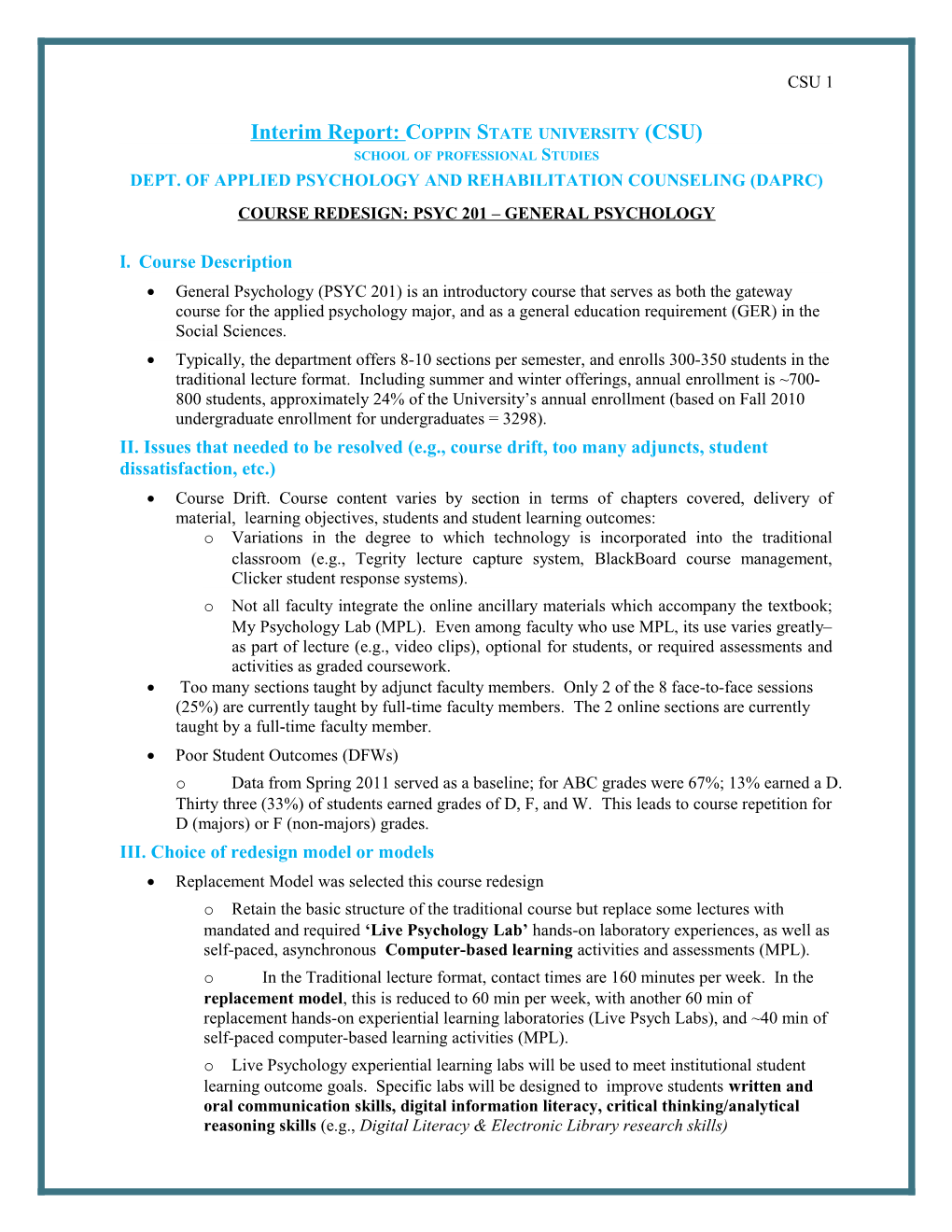 Interim Report: Coppin State University (CSU)