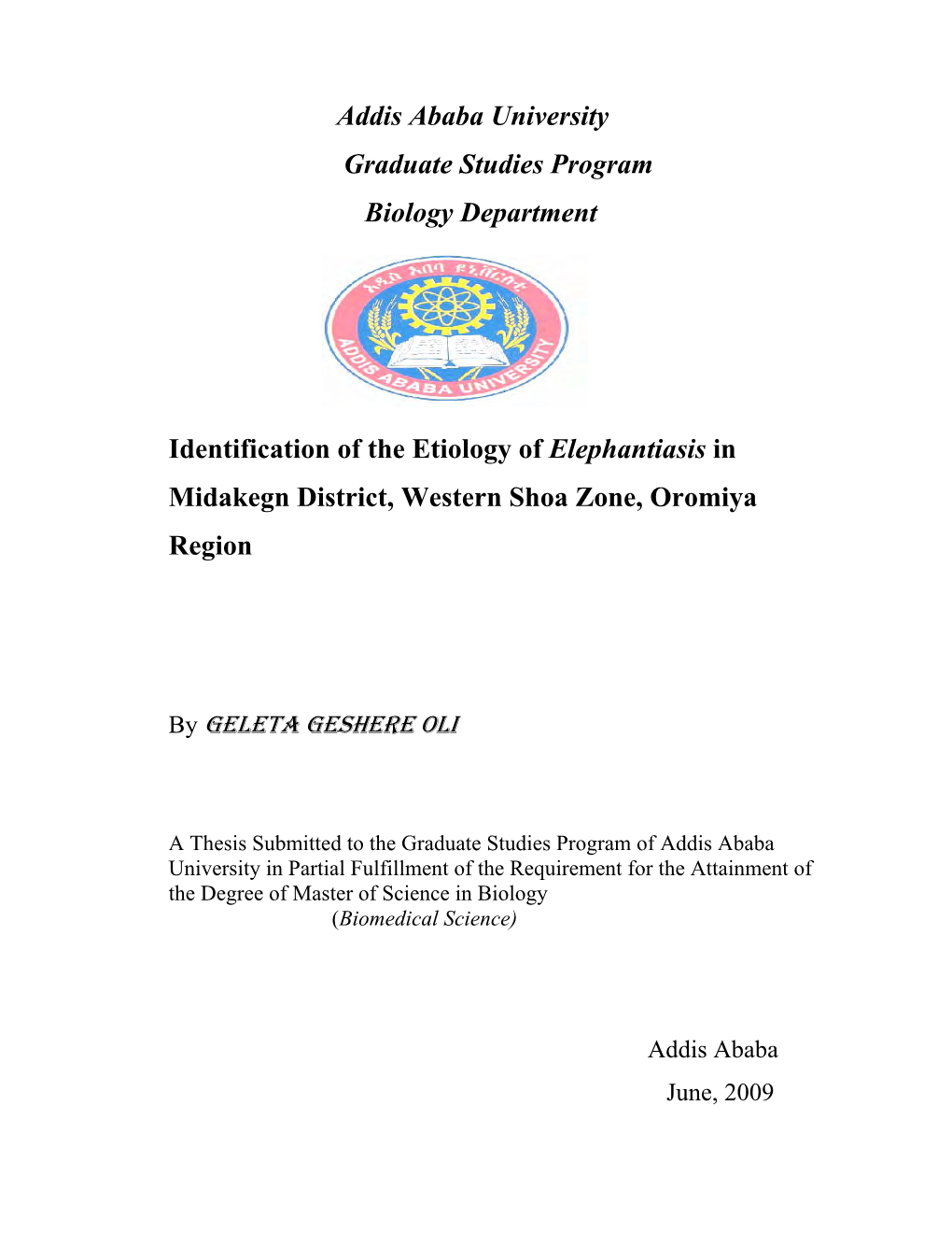 Addis Ababa University Graduate Studies Program Biology Department