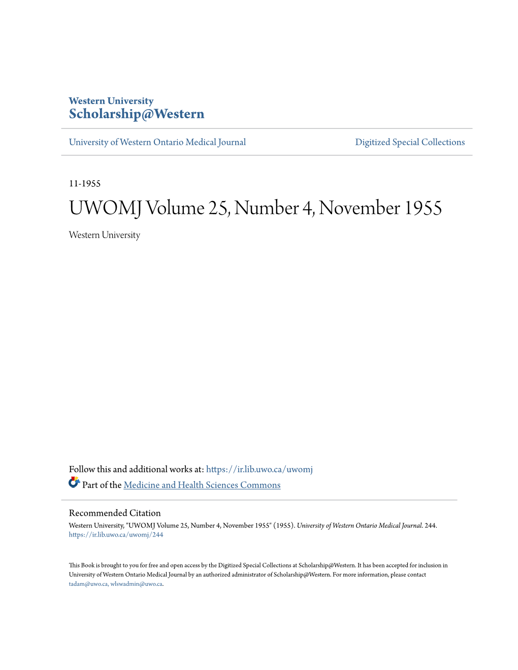 UWOMJ Volume 25, Number 4, November 1955 Western University