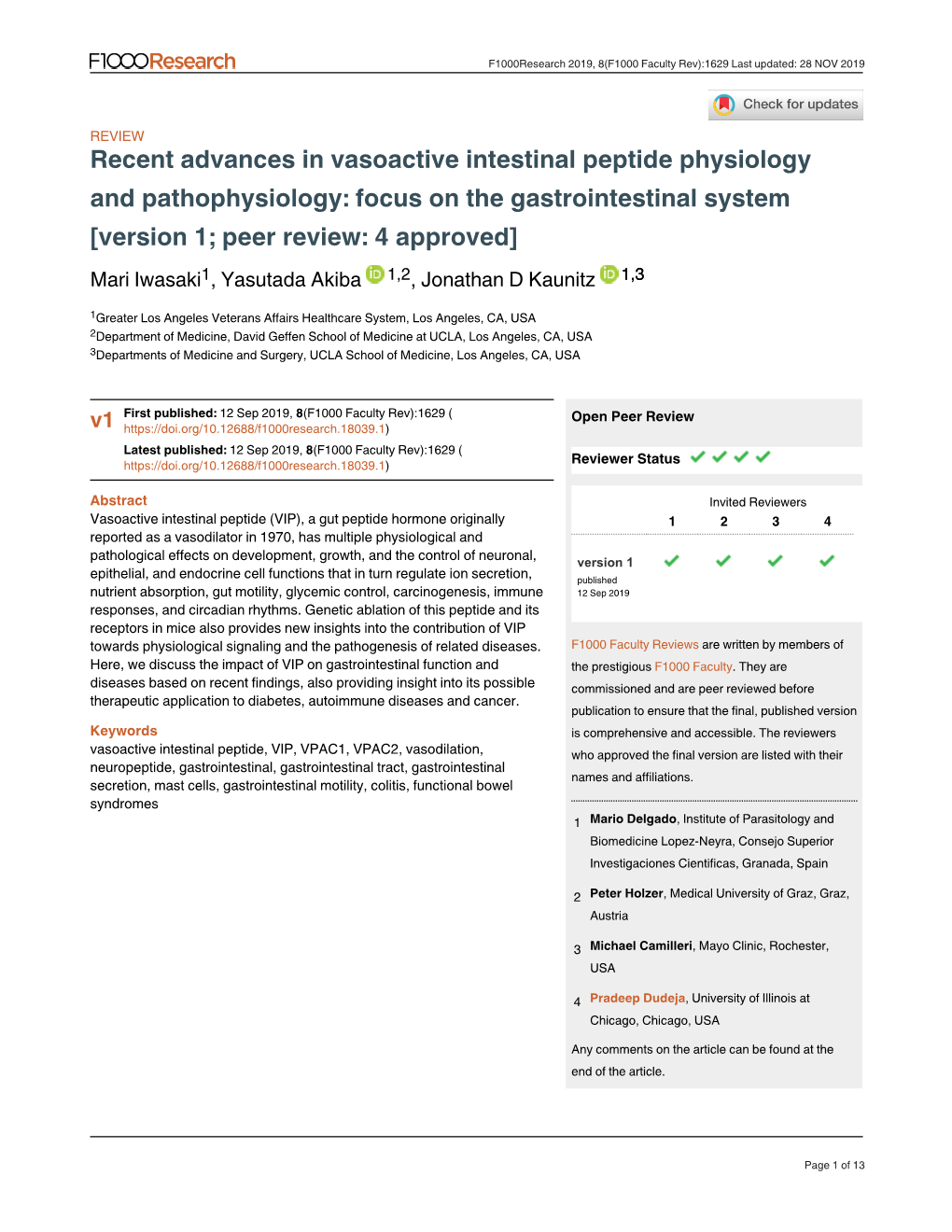 Recent Advances in Vasoactive Intestinal Peptide Physiology And