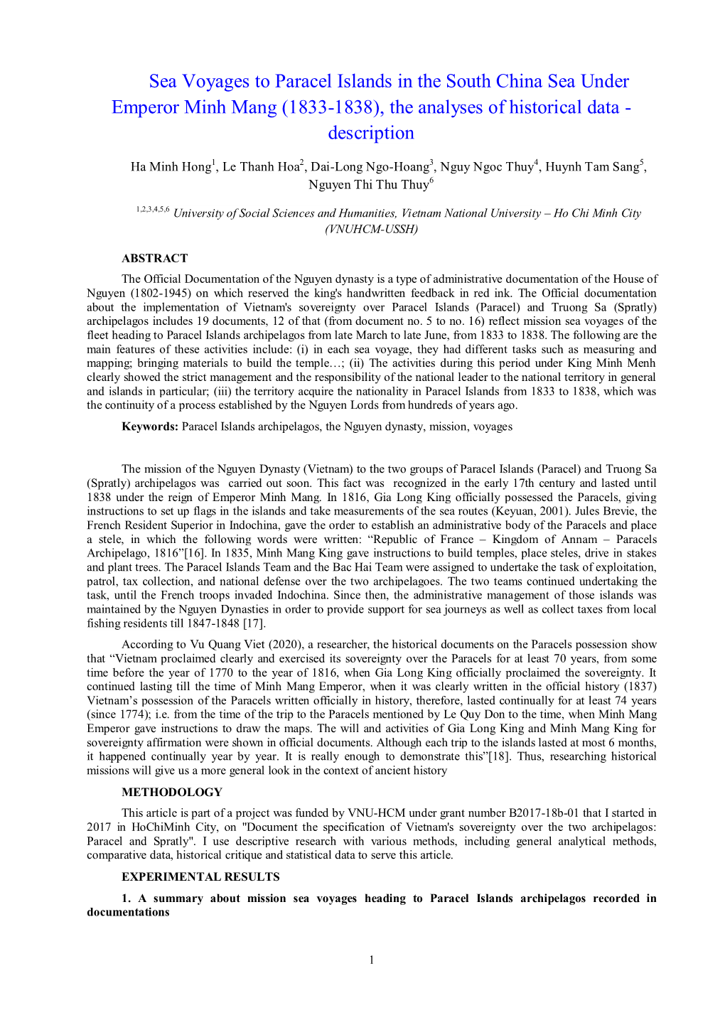 Sea Voyages to Paracel Islands in the South China Sea Under Emperor Minh Mang (1833-1838), the Analyses of Historical Data - Description