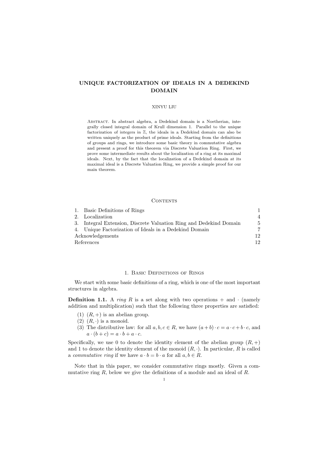 Unique Factorization of Ideals in a Dedekind Domain