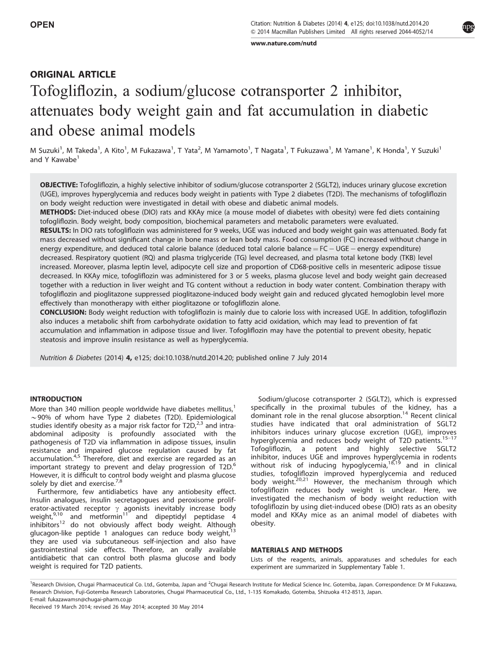 Glucose Cotransporter 2 Inhibitor, Attenuates Body Weight Gain and Fat Accumulation in Diabetic and Obese Animal Models