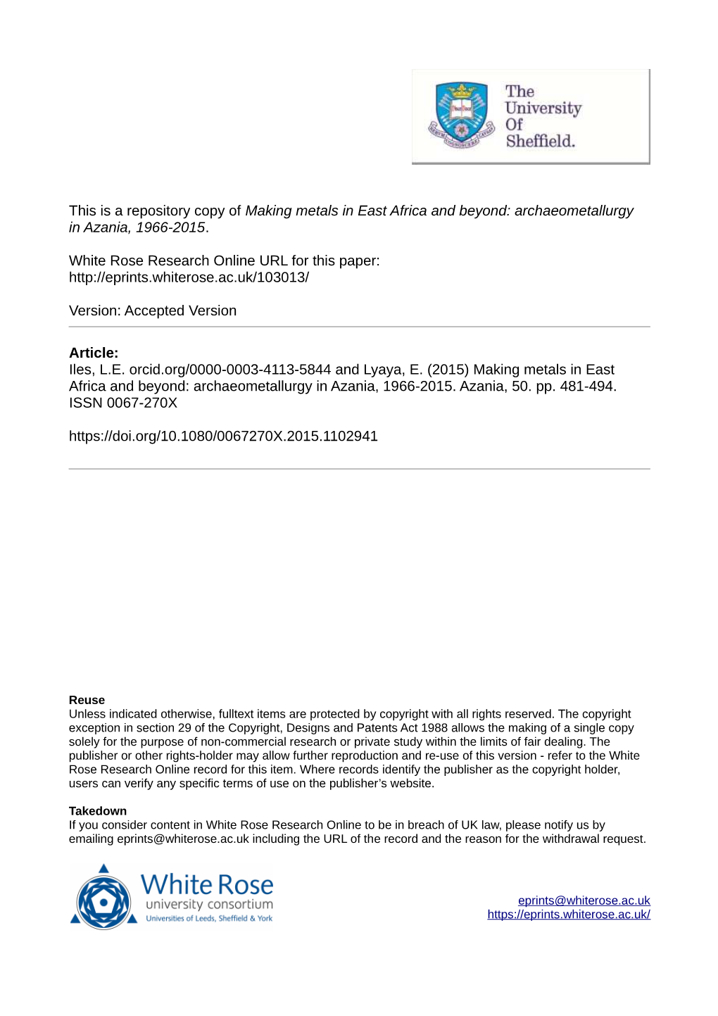 Making Metals in East Africa and Beyond: Archaeometallurgy in Azania, 1966-2015