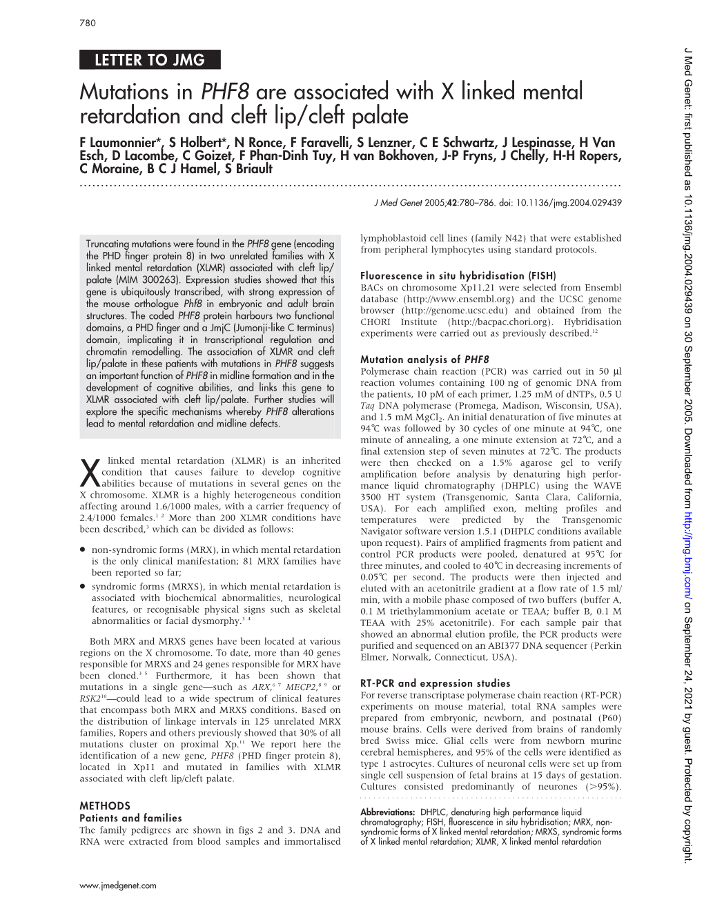 Mutations in PHF8 Are Associated with X Linked Mental Retardation And