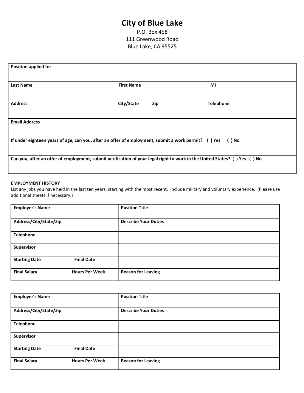 Mckinleyville Community Services District Application For Employment