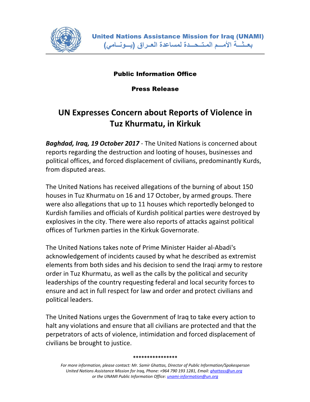 UN Expresses Concern About Reports of Violence in Tuz Khurmatu, in Kirkuk
