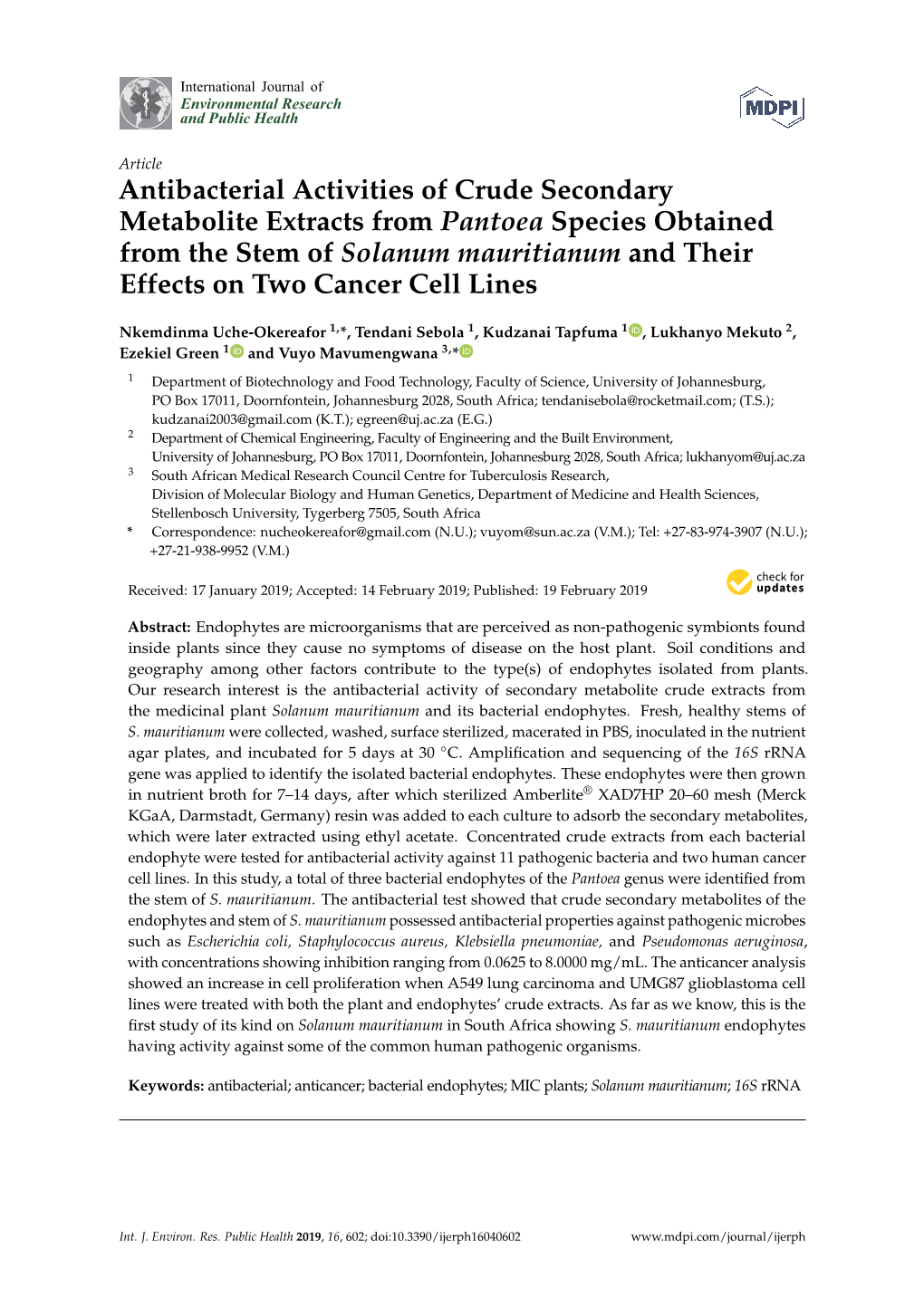 Antibacterial Activities of Crude Secondary Metabolite Extracts From