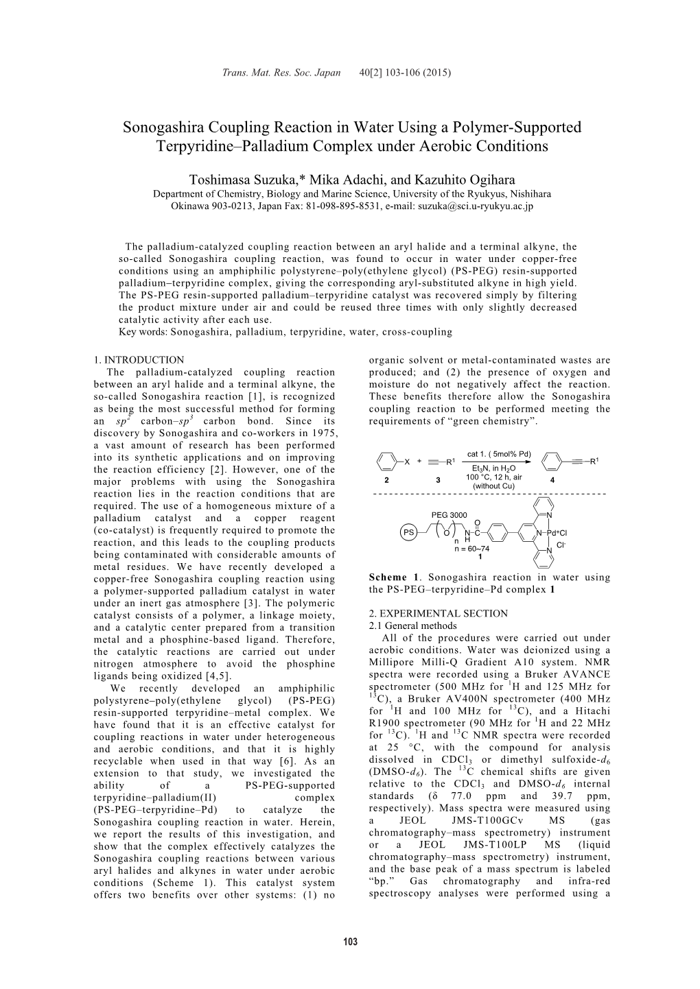 Sonogashira Coupling Reaction in Water Using a Polymer-Supported Terpyridine–Palladium Complex Under Aerobic Conditions