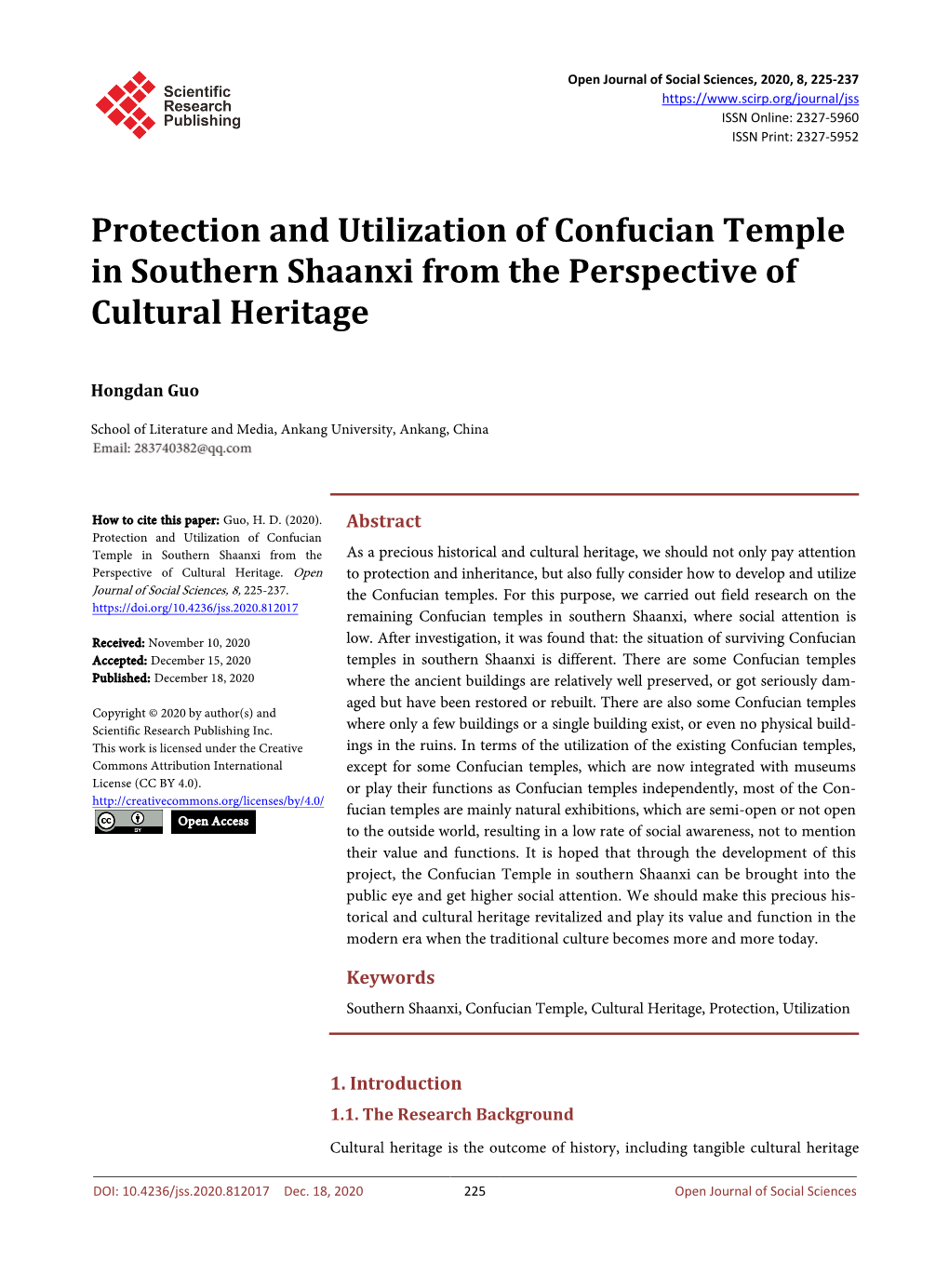 Protection and Utilization of Confucian Temple in Southern Shaanxi from the Perspective of Cultural Heritage