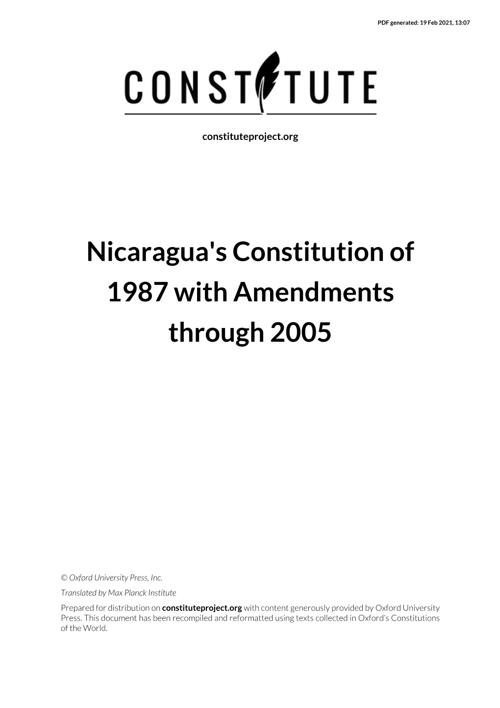 Nicaragua's Constitution of 1987 with Amendments Through 2005