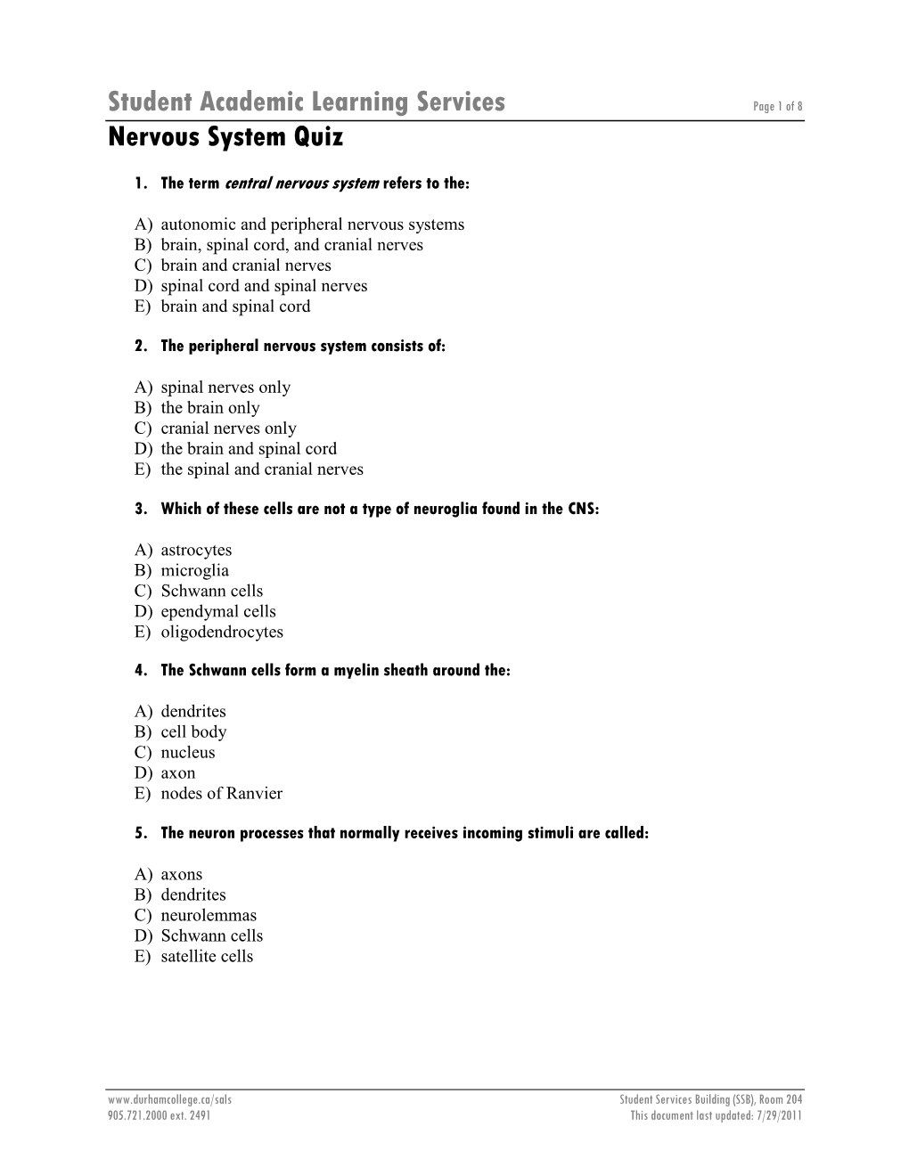 Student Academic Learning Services Nervous System Quiz