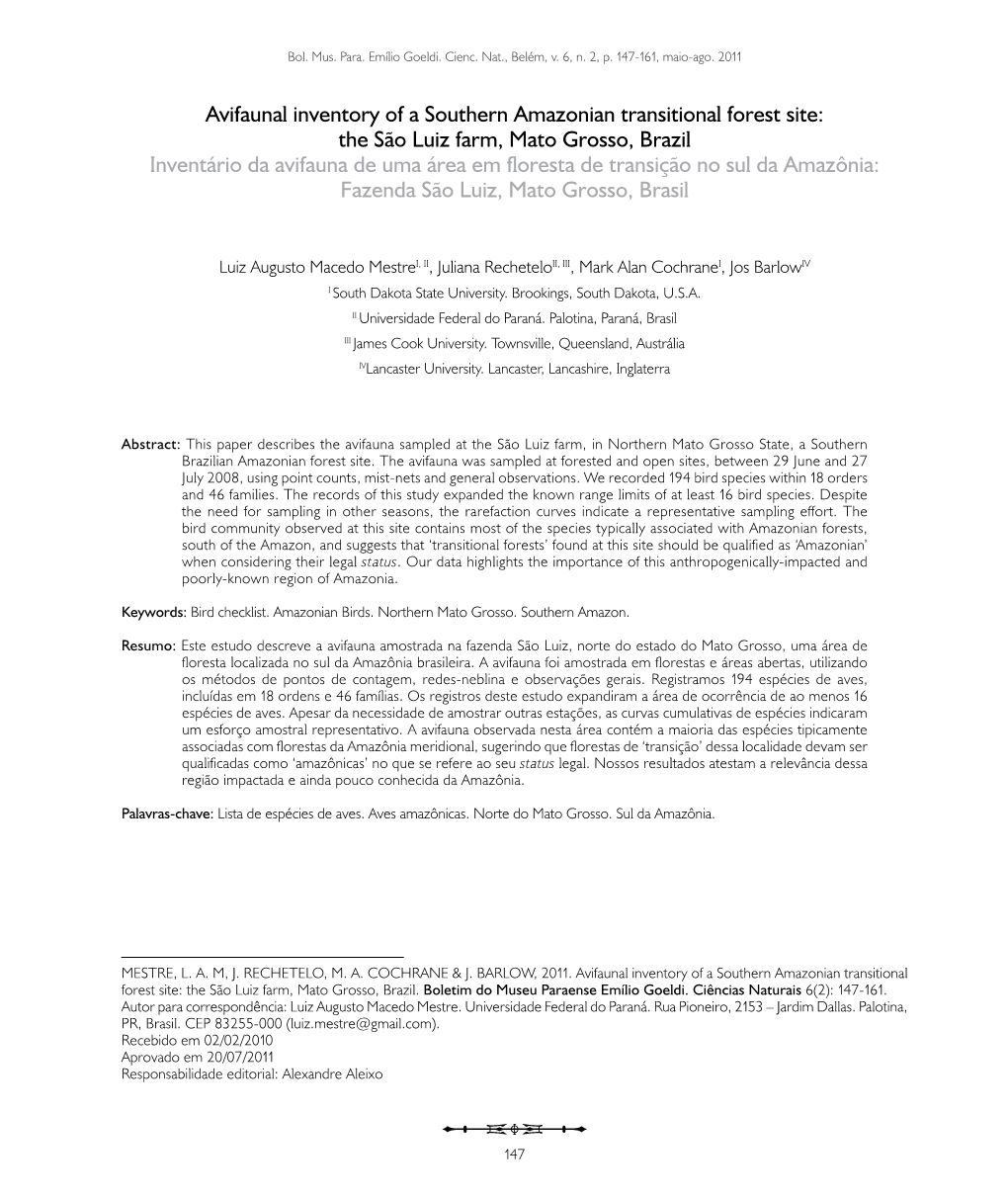 Avifaunal Inventory of a Southern Amazonian Transitional Forest Site