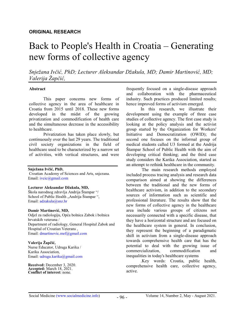 Back to People's Health in Croatia – Generating New Forms of Collective Agency