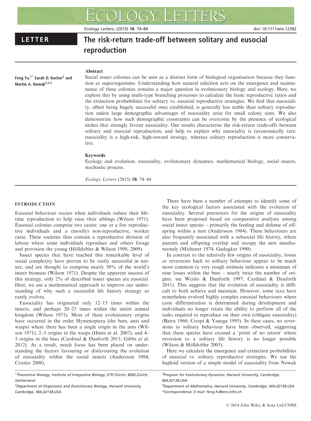 The Risk‐Return Trade‐Off Between Solitary and Eusocial Reproduction