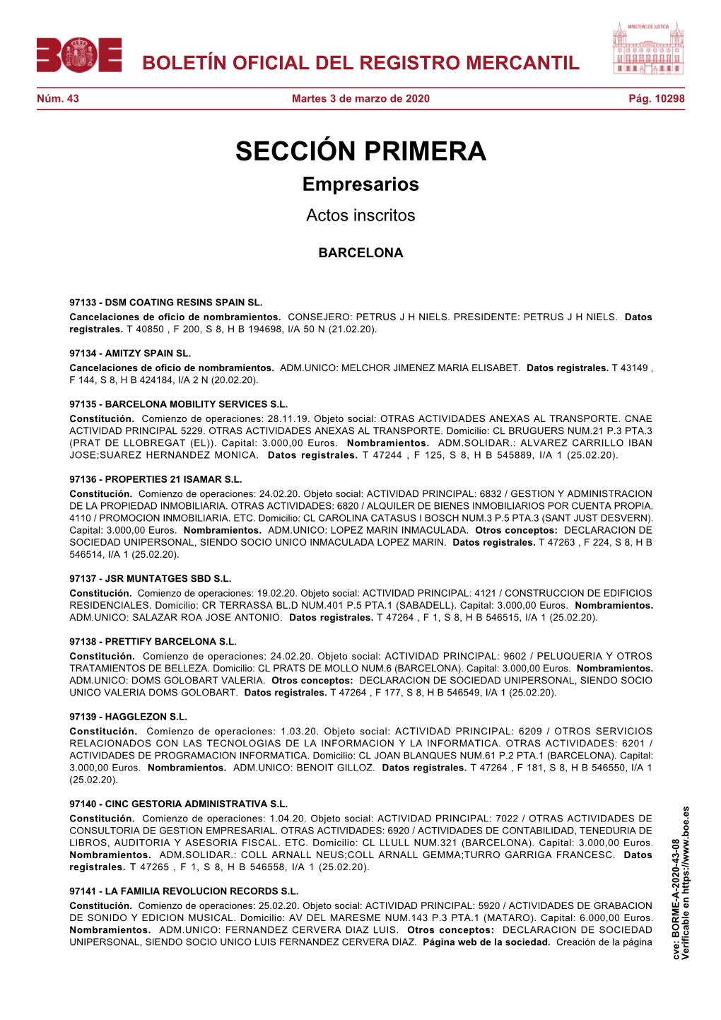 Actos De BARCELONA Del BORME Núm. 43 De 2020