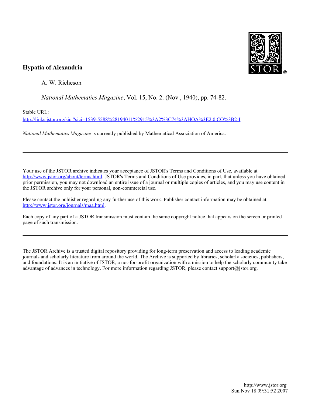 Hypatia of Alexandria A. W. Richeson National Mathematics Magazine