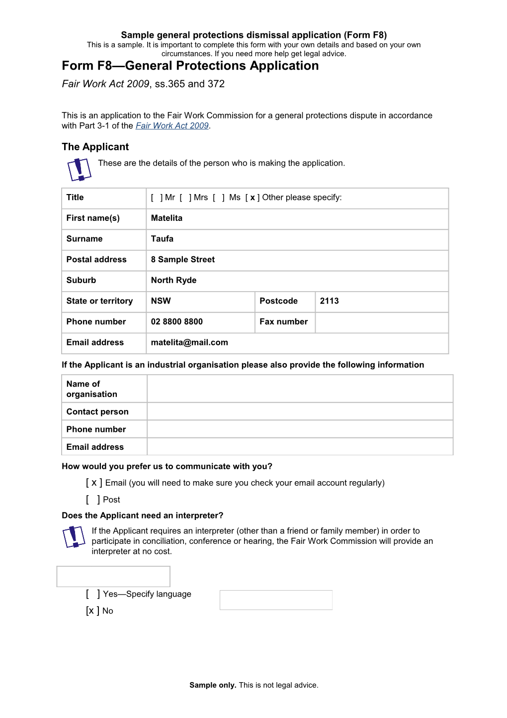 Form F8 General Protections Application