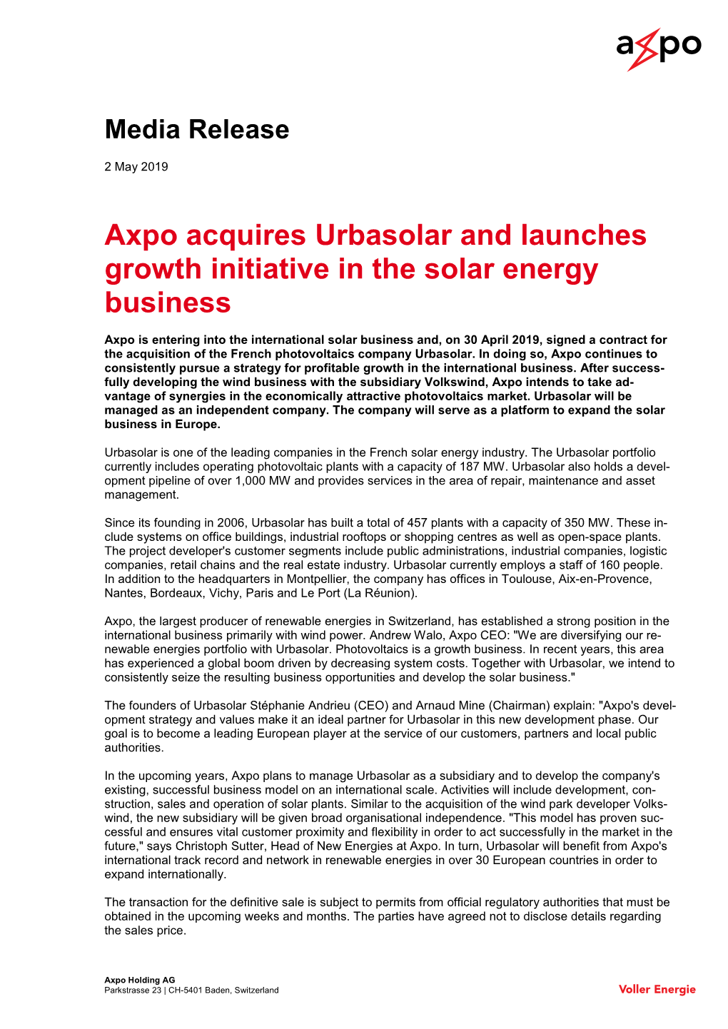 Axpo Acquires Urbasolar and Launches Growth Initiative in the Solar Energy Business