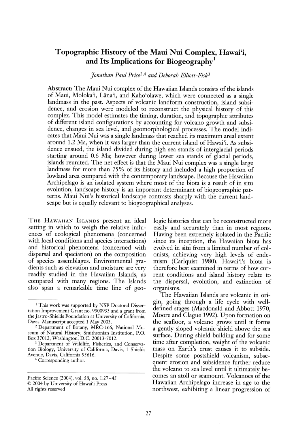 Topographic History of the Maui Nui Complex, Hawai'i, and Its Implications for Biogeography1