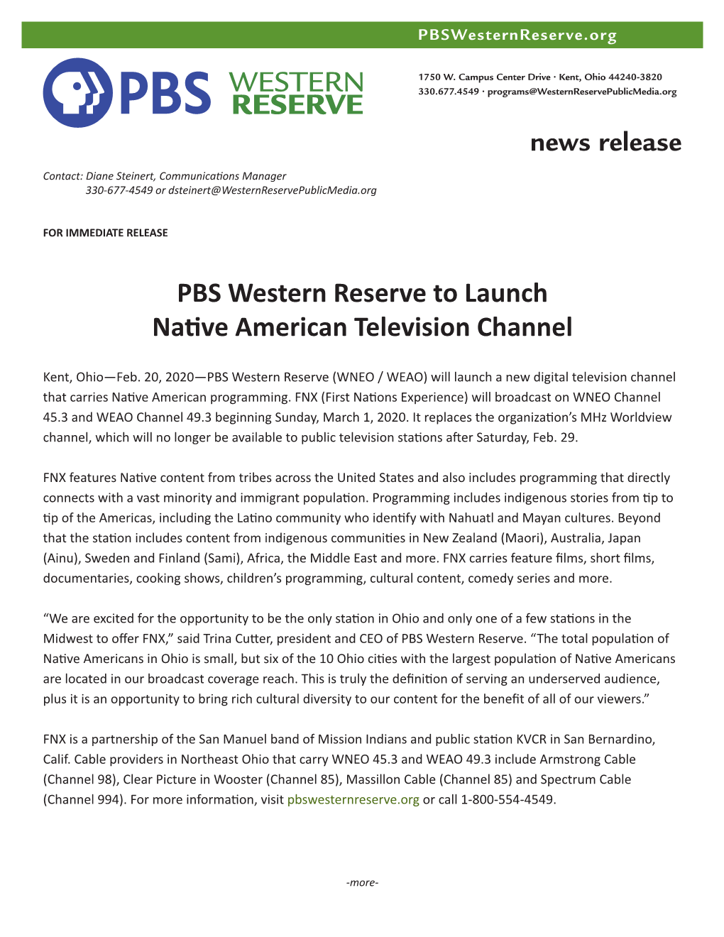 PBS Western Reserve to Launch Native American Television Channel