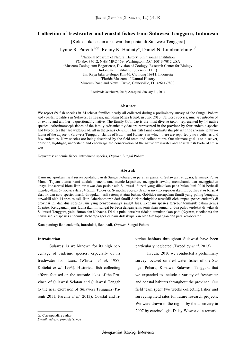 Collection of Freshwater and Coastal Fishes from Sulawesi Tenggara, Indonesia [Koleksi Ikan-Ikan Air Tawar Dan Pantai Di Sulawesi Tenggara] Lynne R