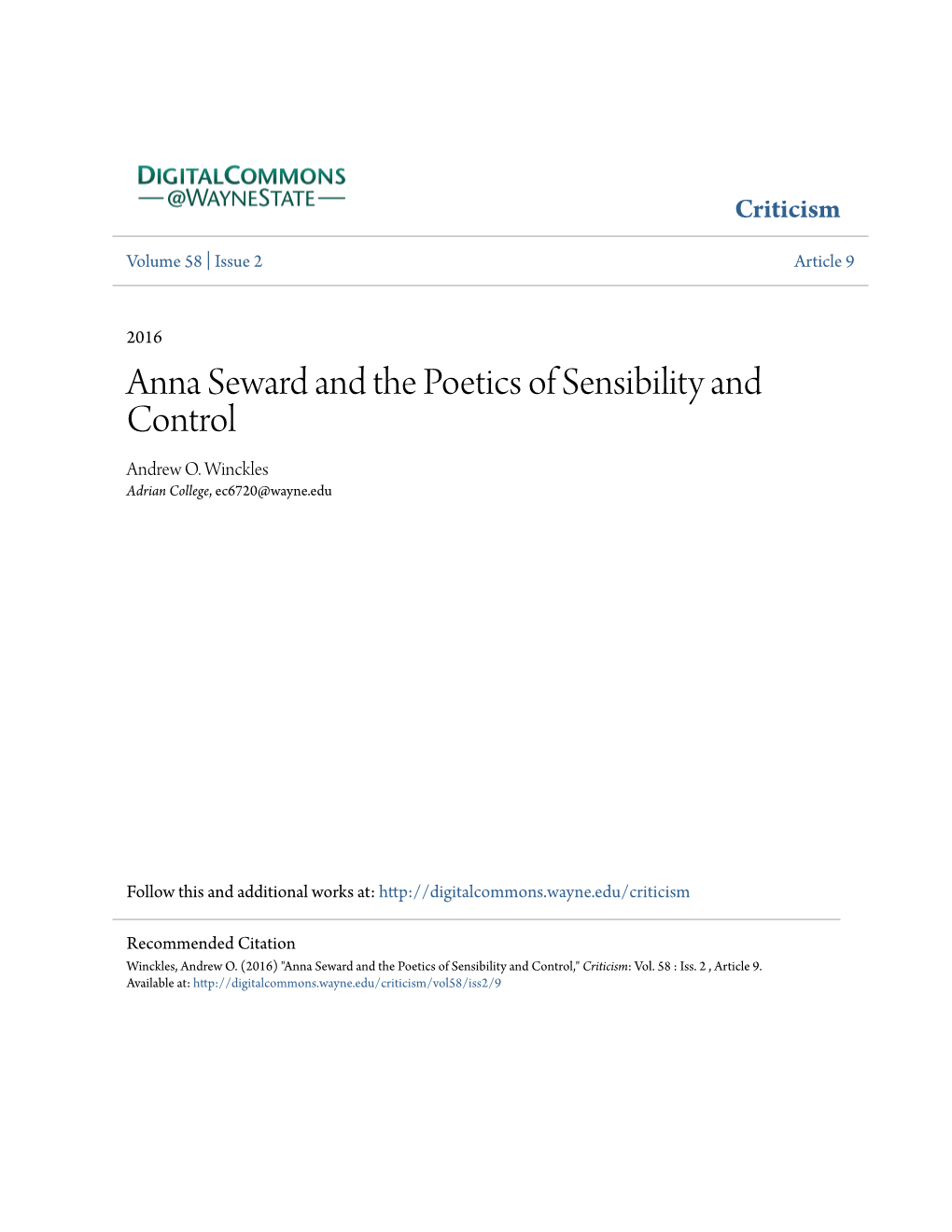 Anna Seward and the Poetics of Sensibility and Control Andrew O