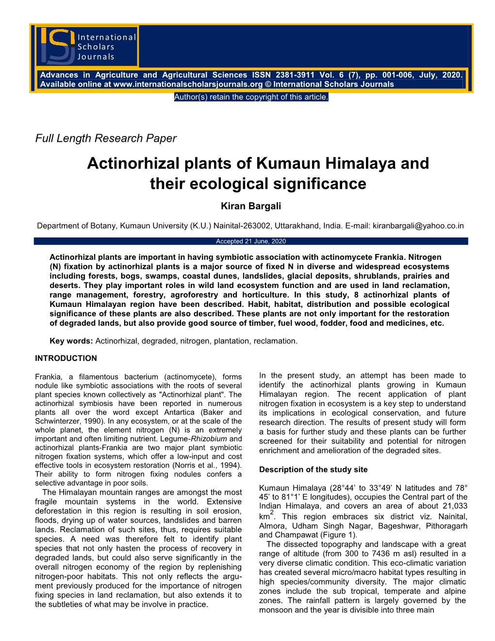 Actinorhizal Plants of Kumaun Himalaya and Their Ecological