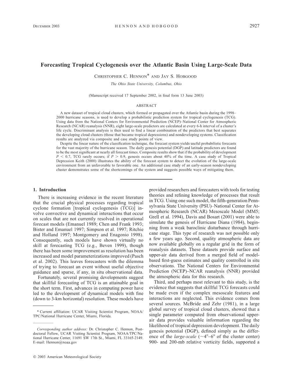 Forecasting Tropical Cyclogenesis Over the Atlantic Basin Using Large-Scale Data