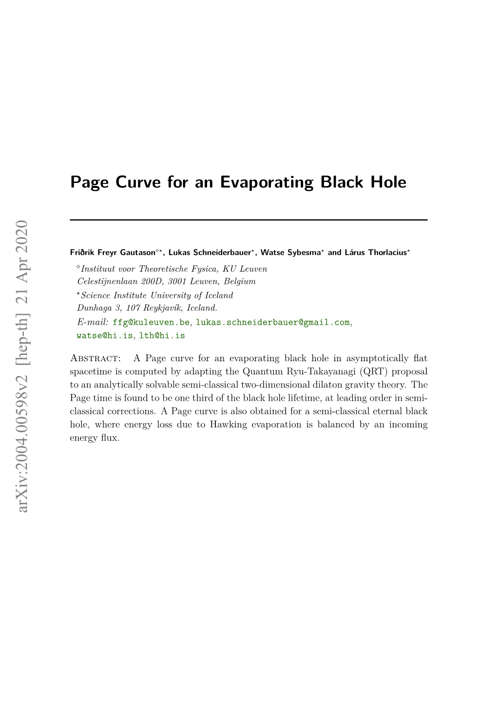 Page Curve for an Evaporating Black Hole Arxiv:2004.00598V2 [Hep-Th]