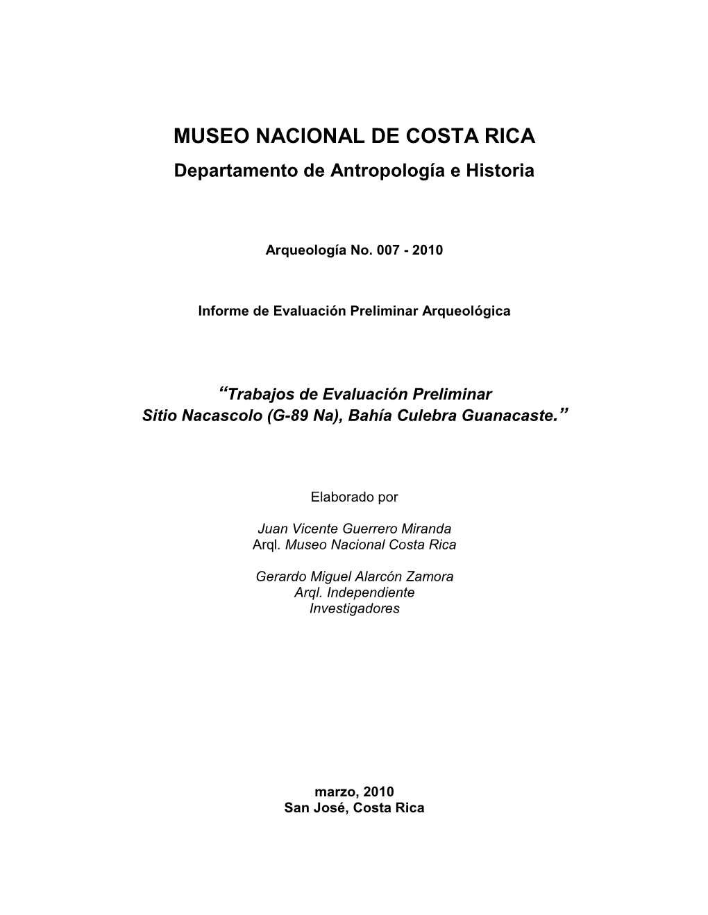 MUSEO NACIONAL DE COSTA RICA Departamento De Antropología E Historia