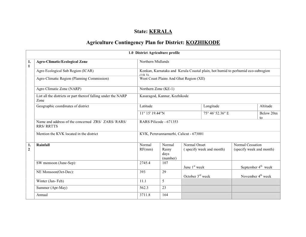 State: KERALA Agriculture Contingency Plan for District: KOZHIKODE