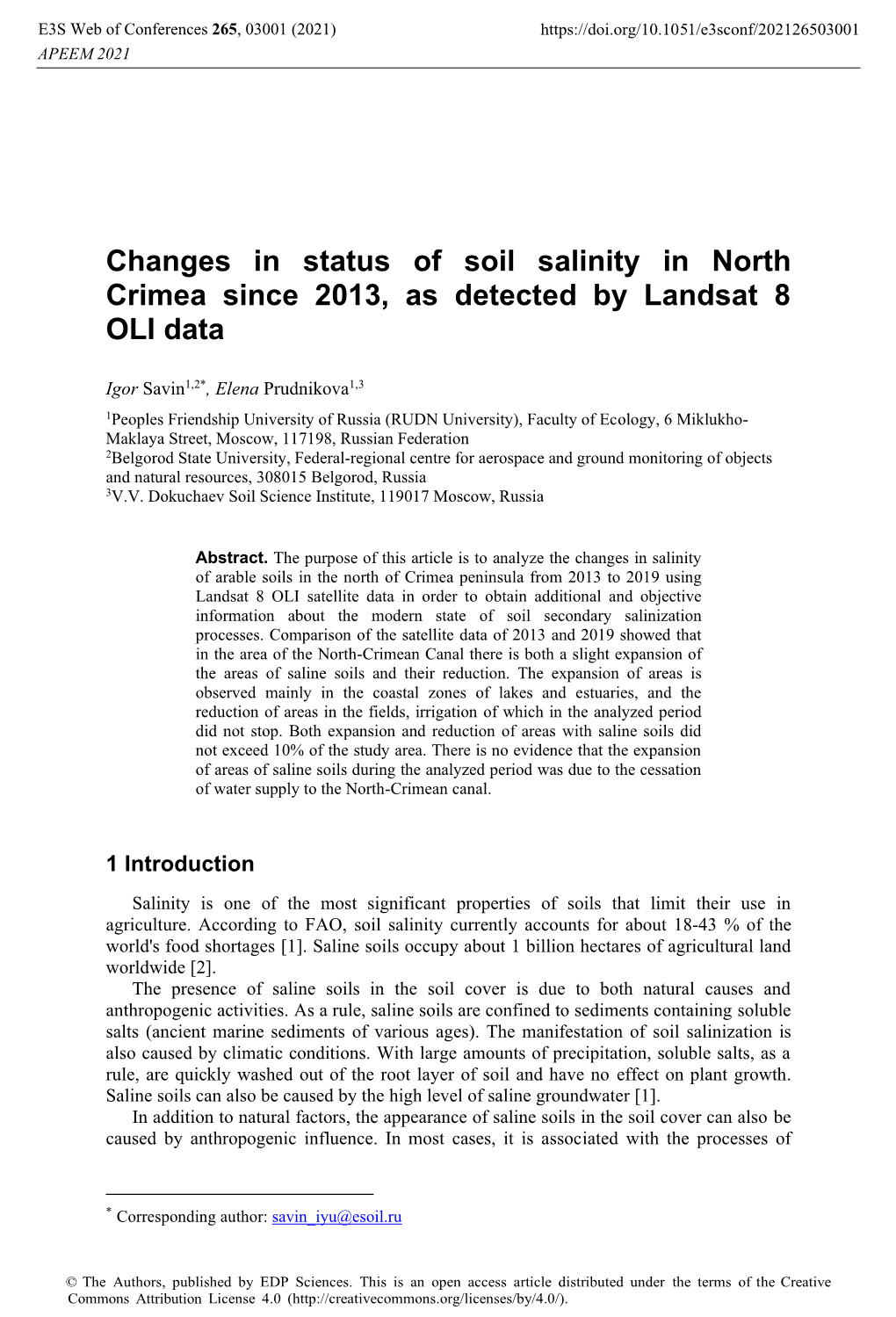 Changes in Status of Soil Salinity in North Crimea Since 2013, As Detected by Landsat 8 OLI Data