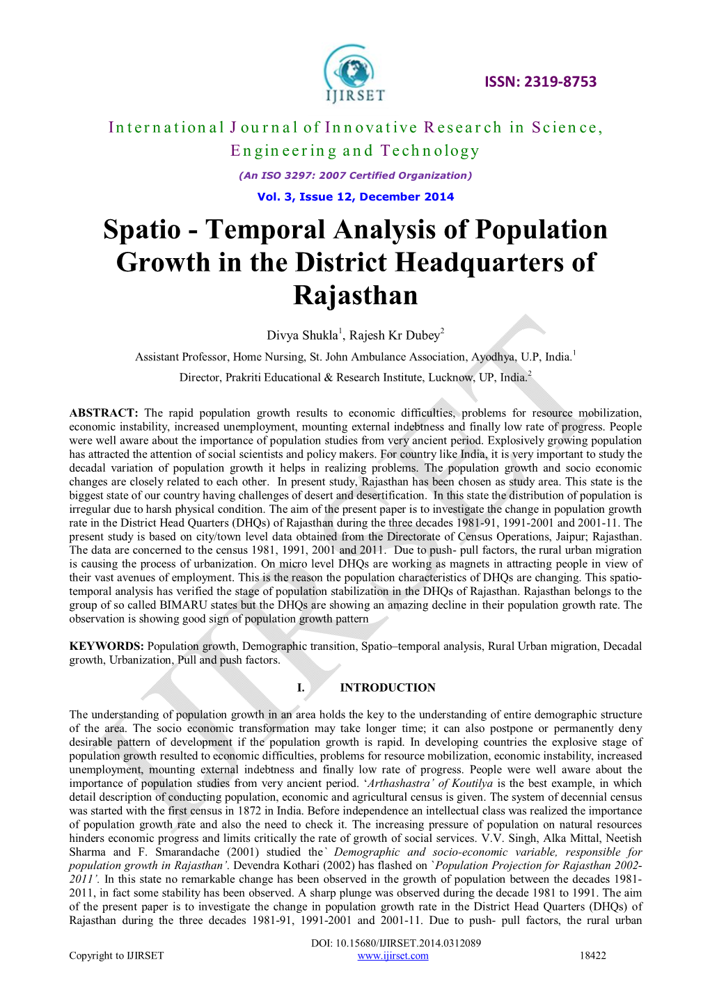 Spatio - Temporal Analysis of Population Growth in the District Headquarters of Rajasthan