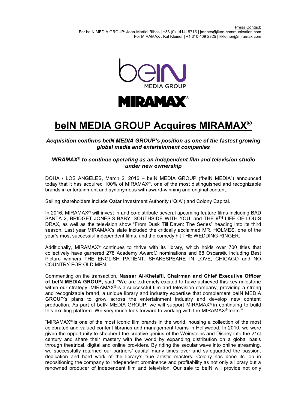 Press Release Bein MEDIA GROUP Acquires MIRAMAX