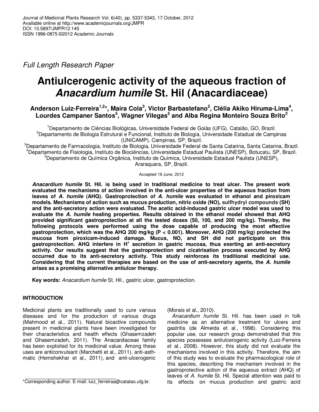 Antiulcerogenic Activity of the Aqueous Fraction of Anacardium Humile St