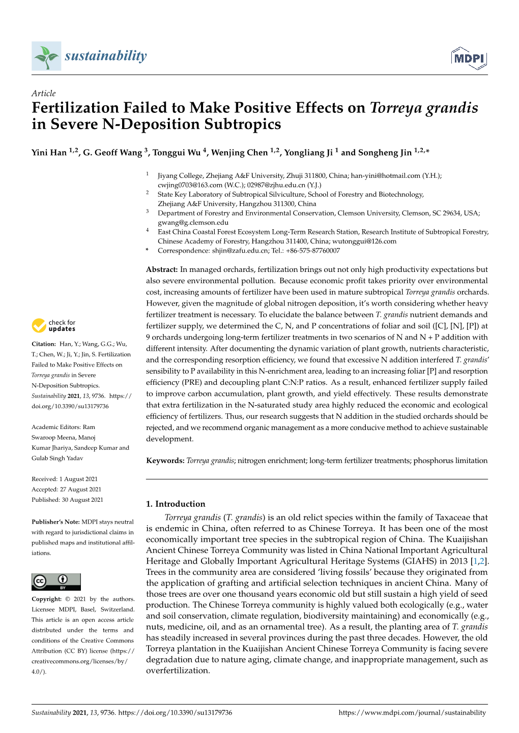 Fertilization Failed to Make Positive Effects on Torreya Grandis in Severe N-Deposition Subtropics