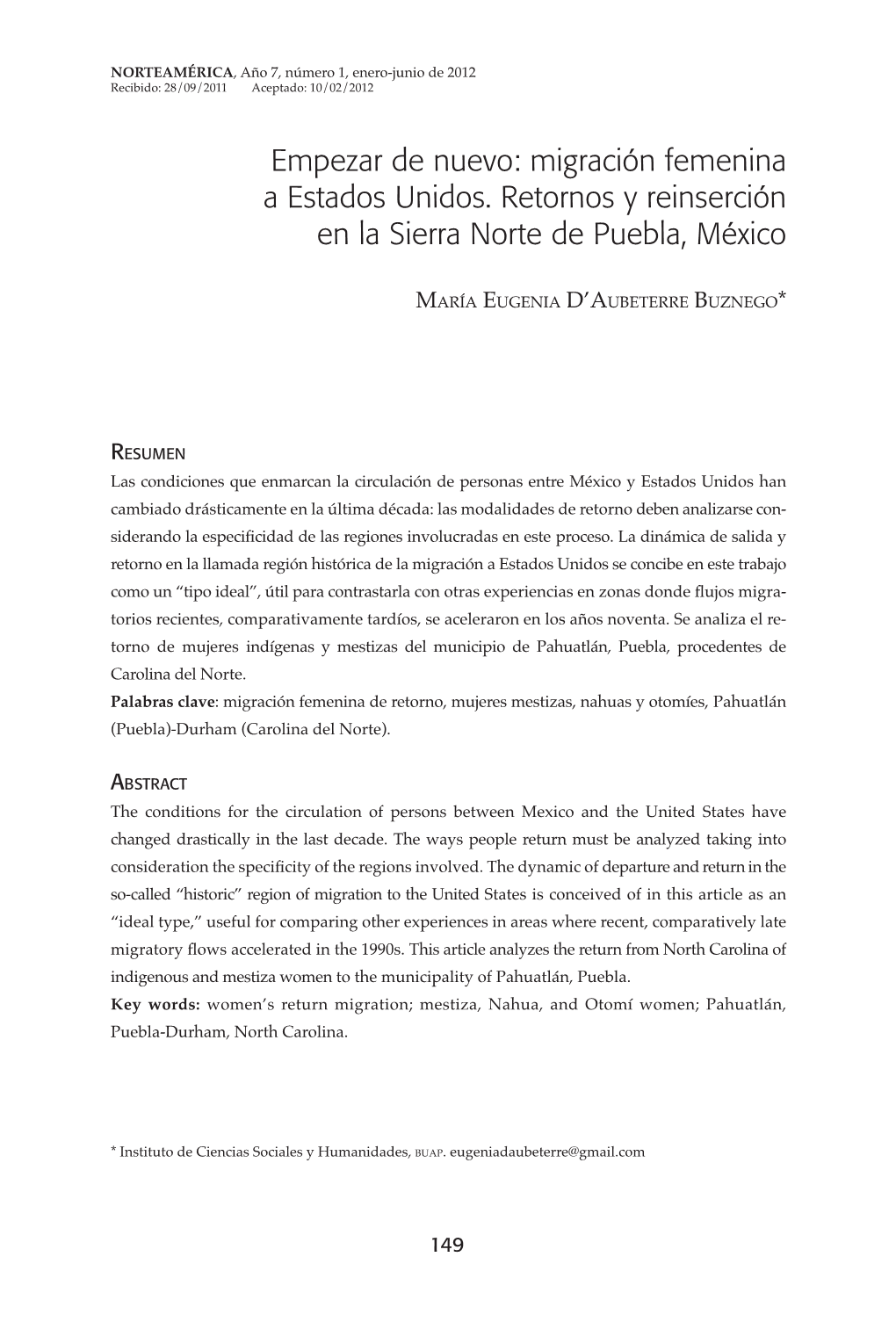 Empezar De Nuevo: Migración Femenina a Estados Unidos. Retornos Y Reinserción En La Sierra Norte De Puebla, México