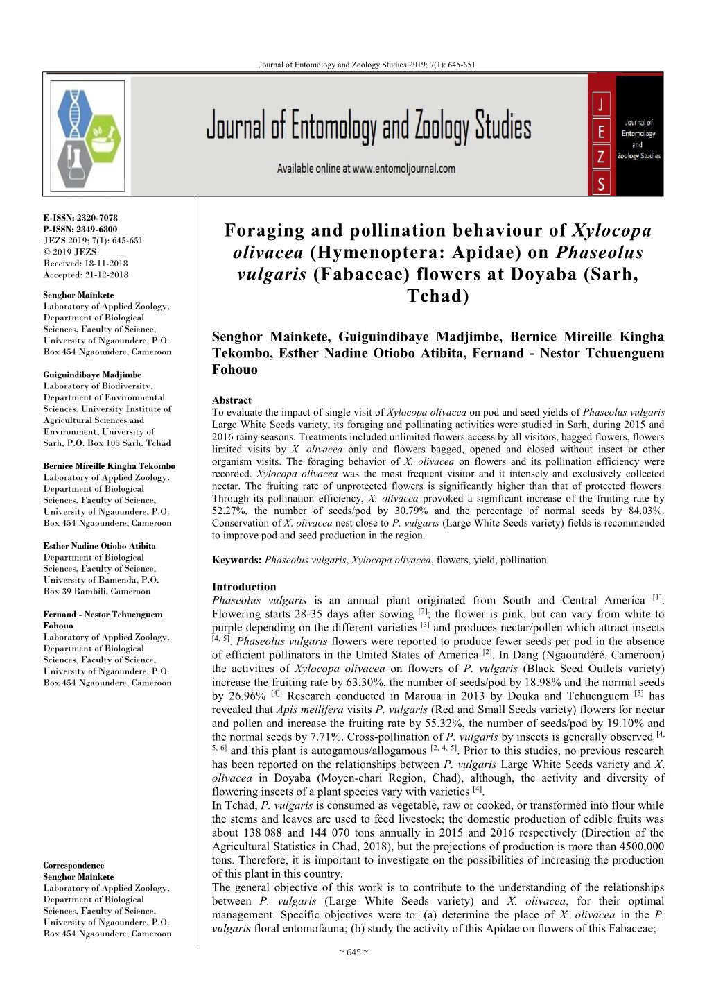 Foraging and Pollination Behaviour of Xylocopa Olivacea