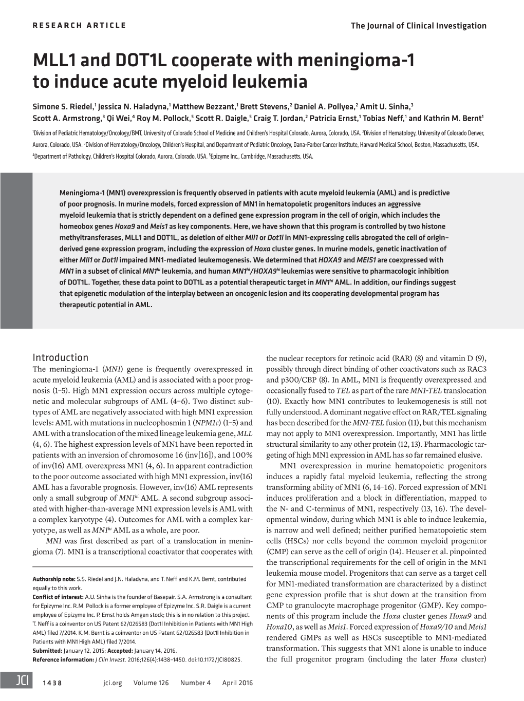 MLL1 and DOT1L Cooperate with Meningioma-1 to Induce Acute Myeloid Leukemia