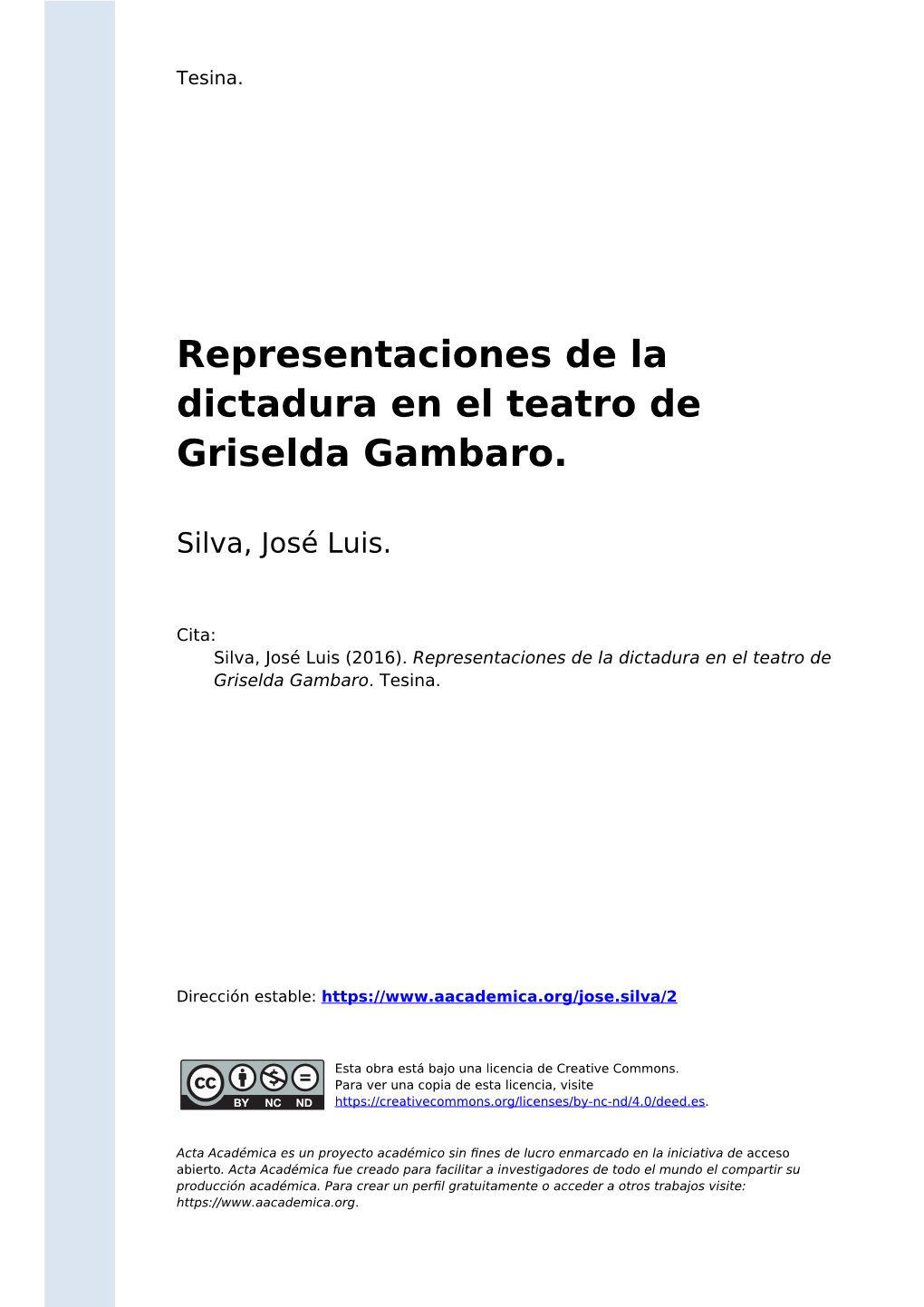 Representaciones De La Dictadura En El Teatro De Griselda Gambaro