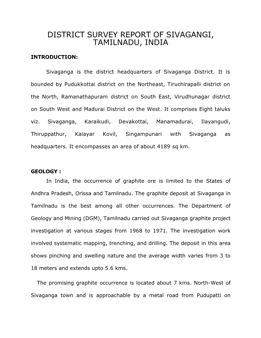 District Survey Report of Sivagangi, Tamilnadu, India