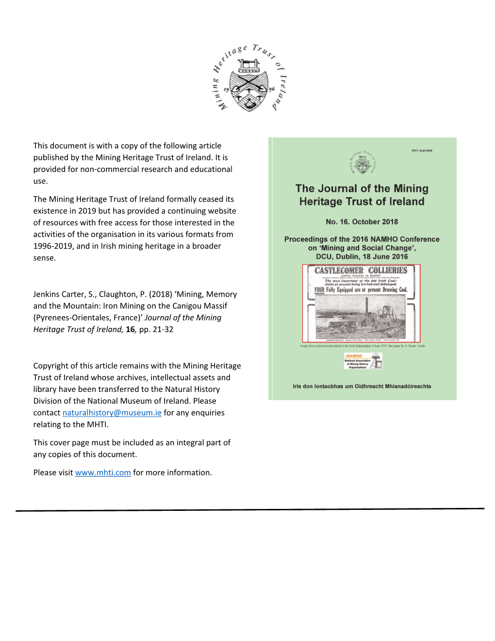 Mining, Memory and the Mountain: Iron Mining on the Canigou Massif (Pyrenees-Orientales, France)’ Journal of the Mining Heritage Trust of Ireland, 16, Pp