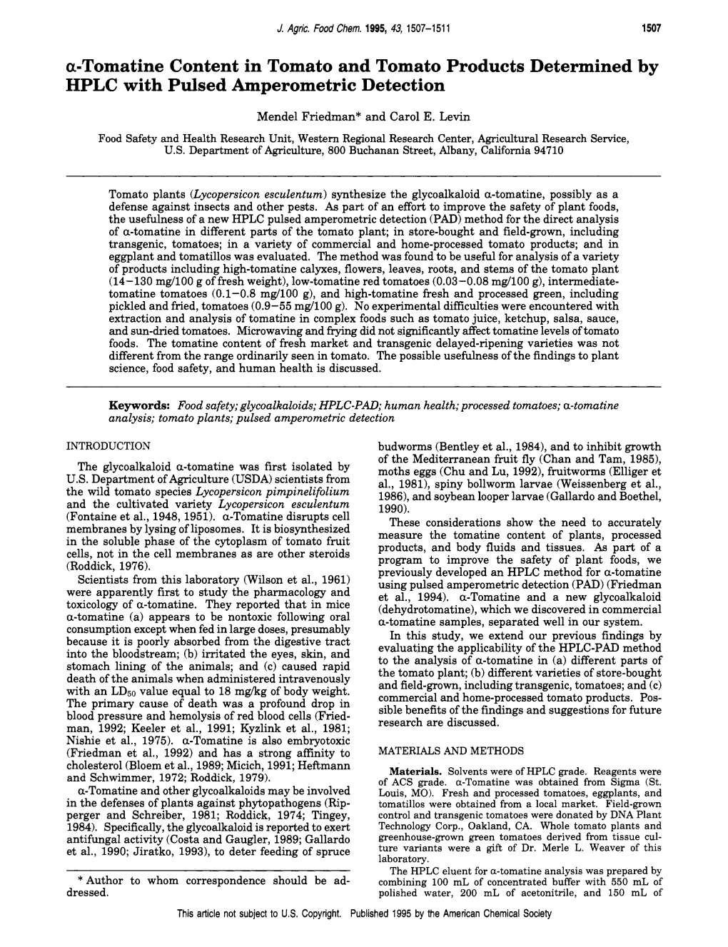 Alpha-Tomatine Content in Tomato and Tomato Products Determined By