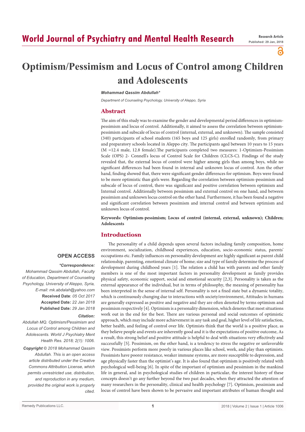 Optimism/Pessimism and Locus of Control Among Children and Adolescents