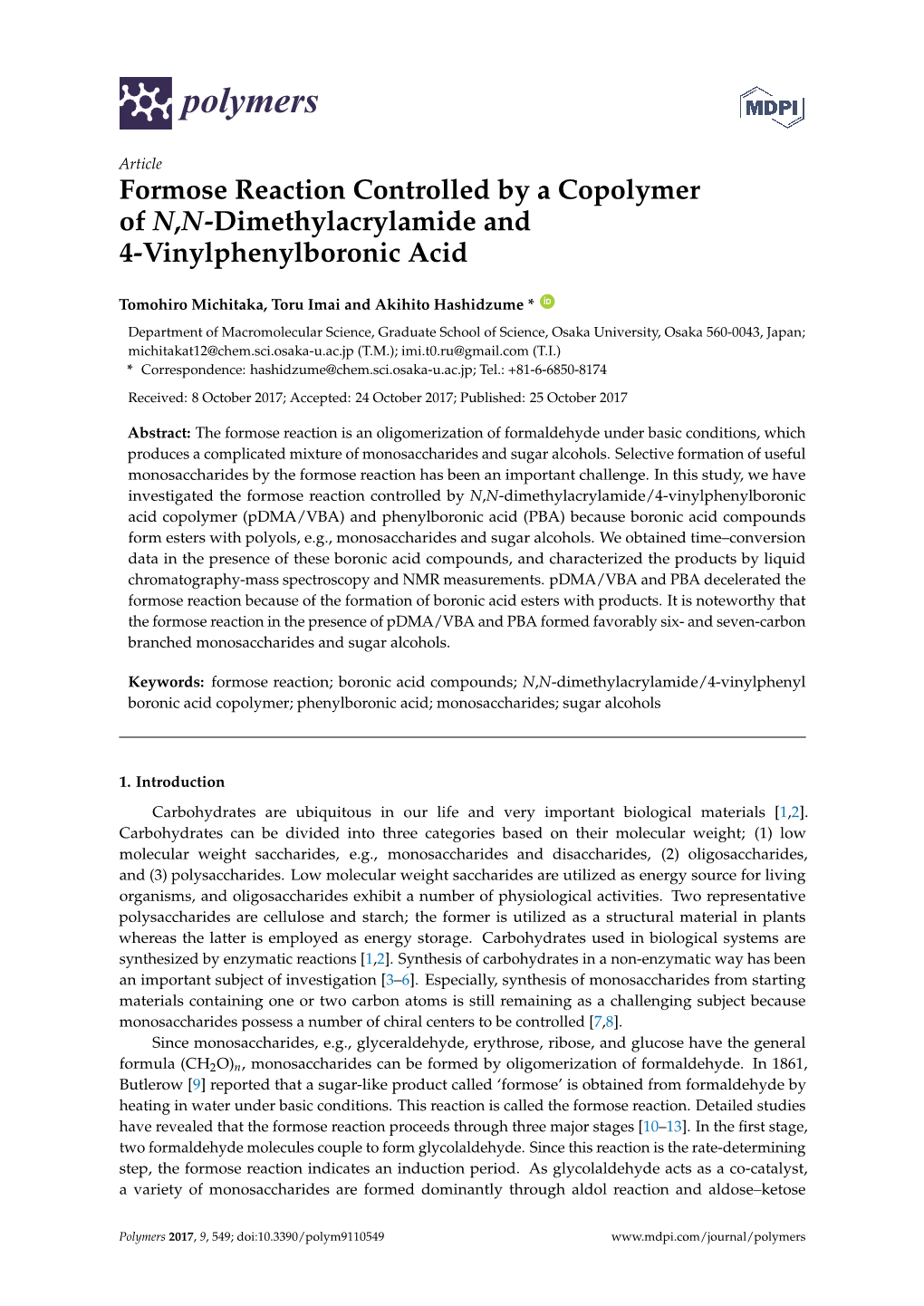 Formose Reaction Controlled by a Copolymer of N,N-Dimethylacrylamide and 4-Vinylphenylboronic Acid