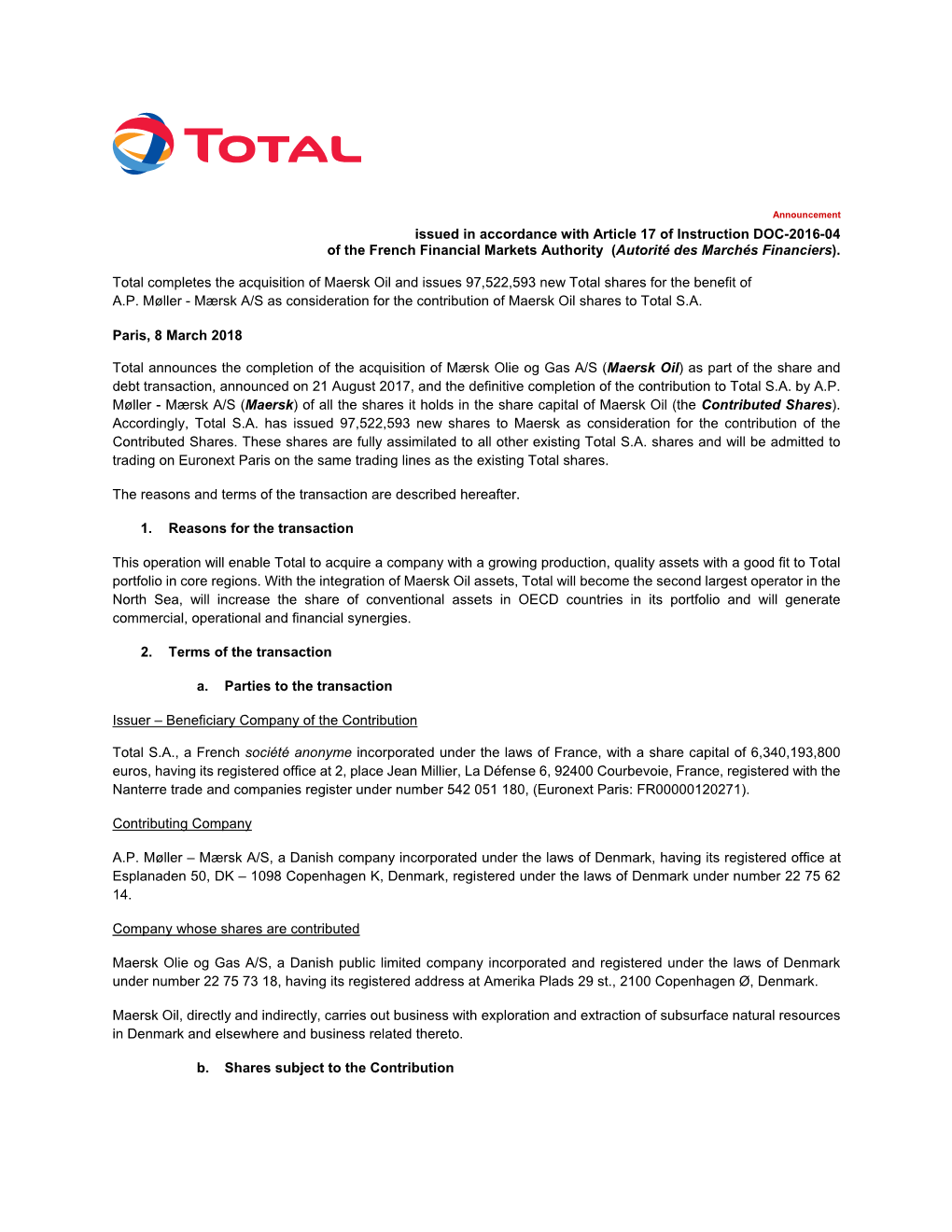 Issued in Accordance with Article 17 of Instruction DOC-2016-04 of the French Financial Markets Authority (Autorité Des Marchés Financiers)