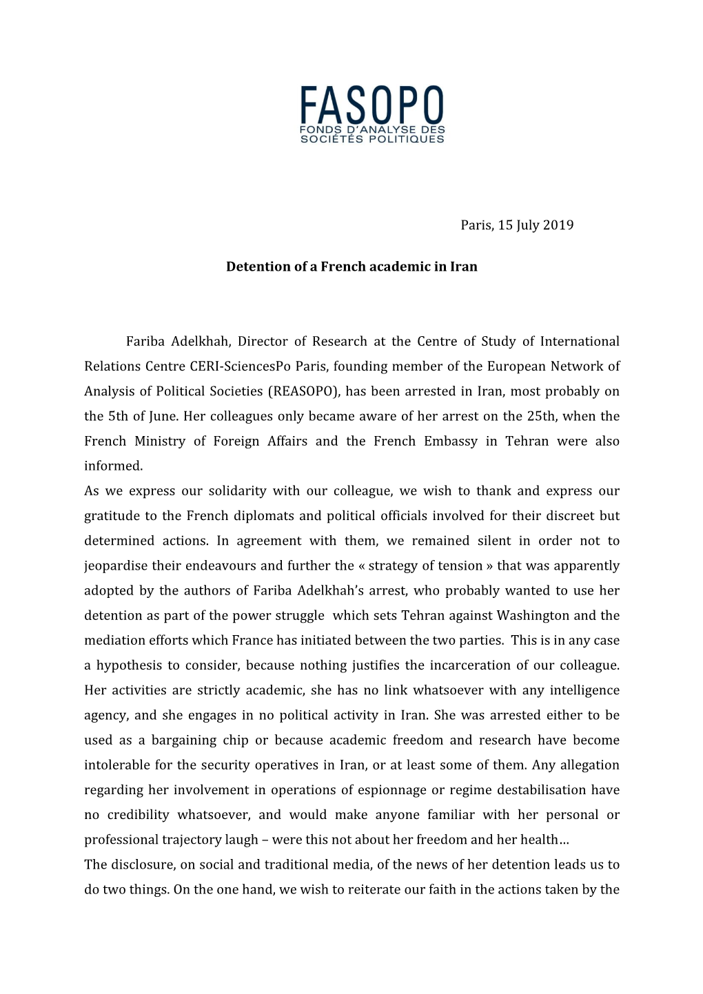 Paris, 15 July 2019 Detention of a French Academic in Iran Fariba