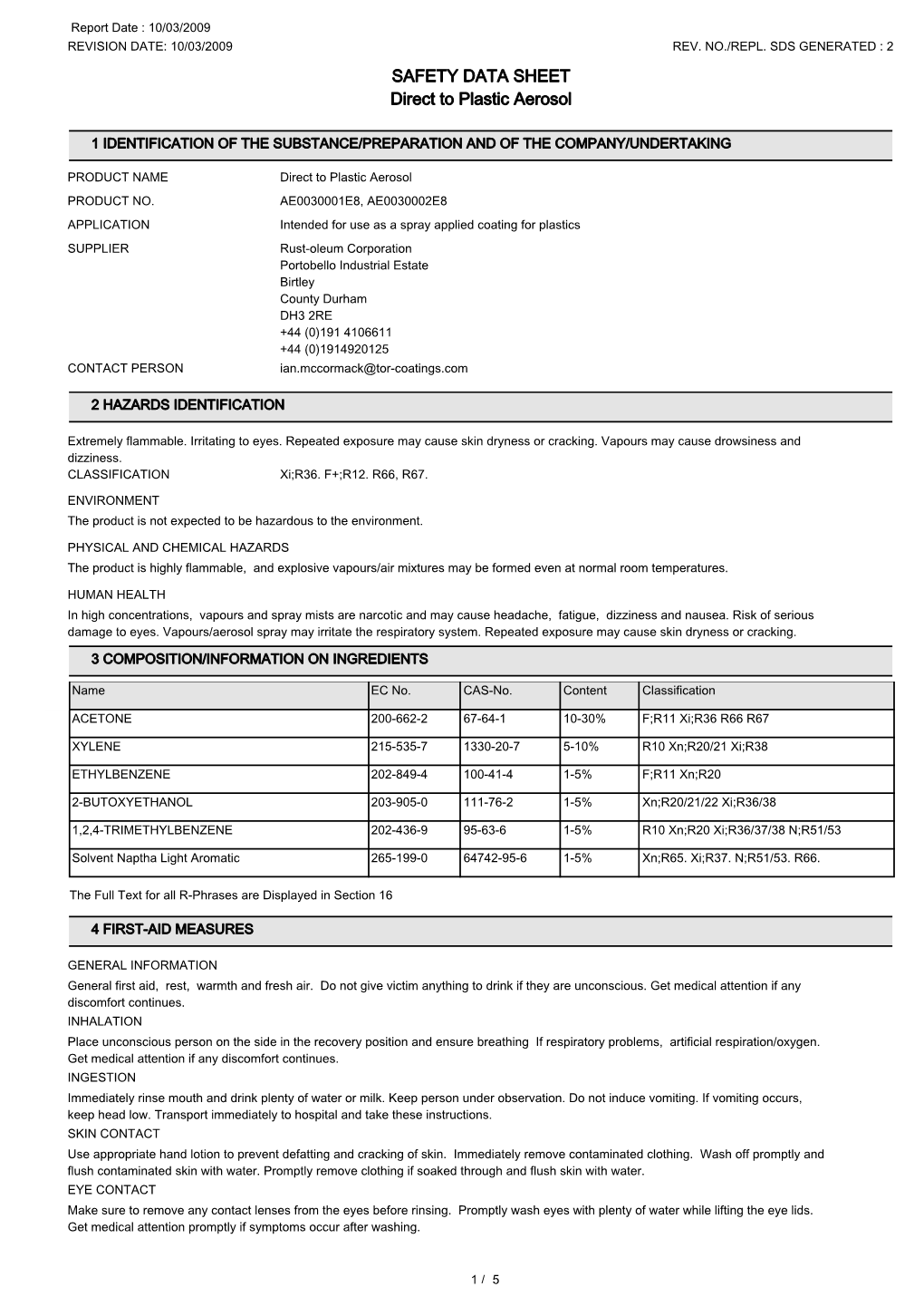 SAFETY DATA SHEET Direct to Plastic Aerosol